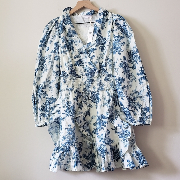 Gap x LoveShackFancy Blue Floral Ruffle Mini Dress Size Medium - Picture 3 of 7